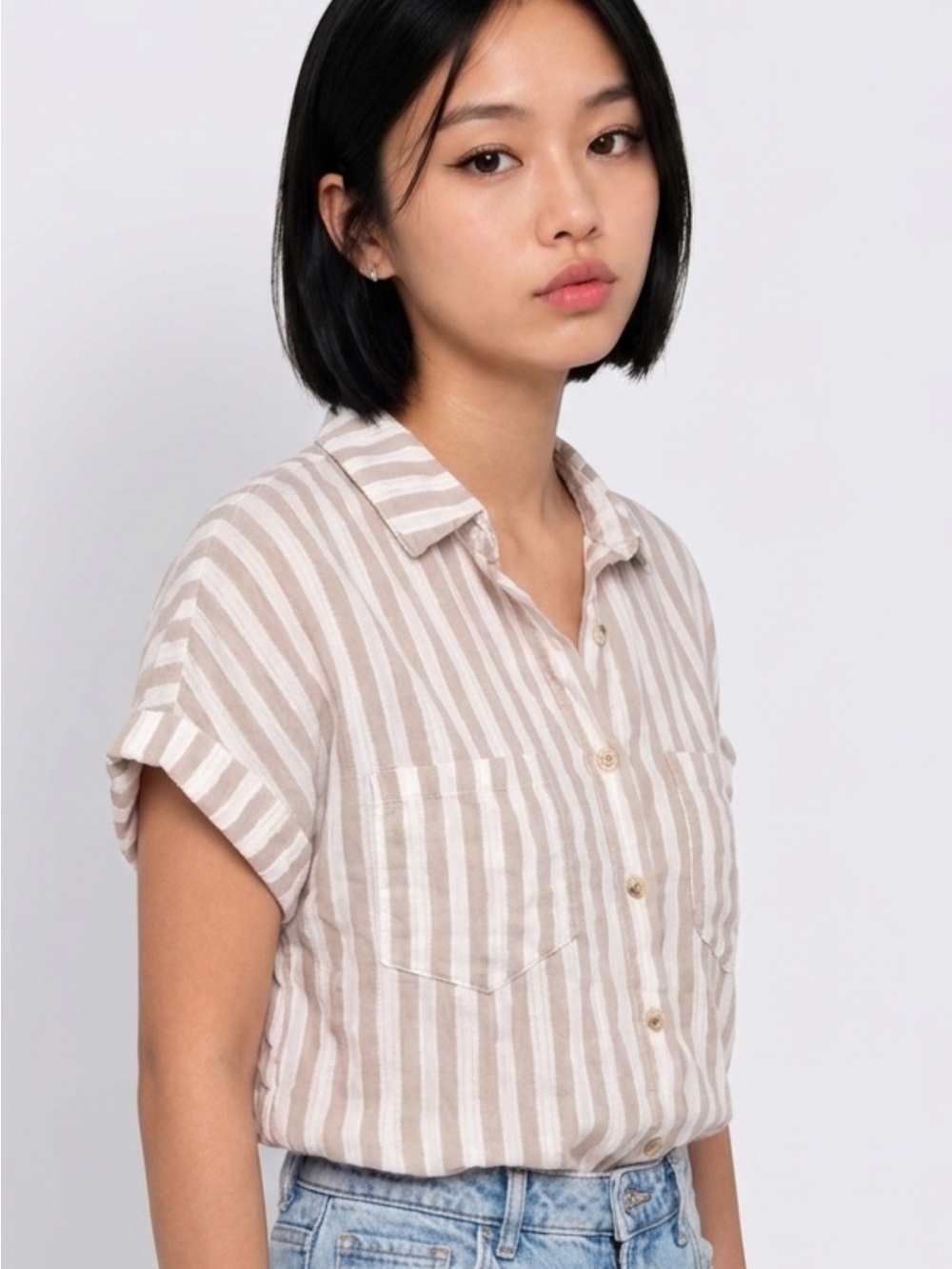 Altar'd State Beige and White Striped Button-Down Shirt